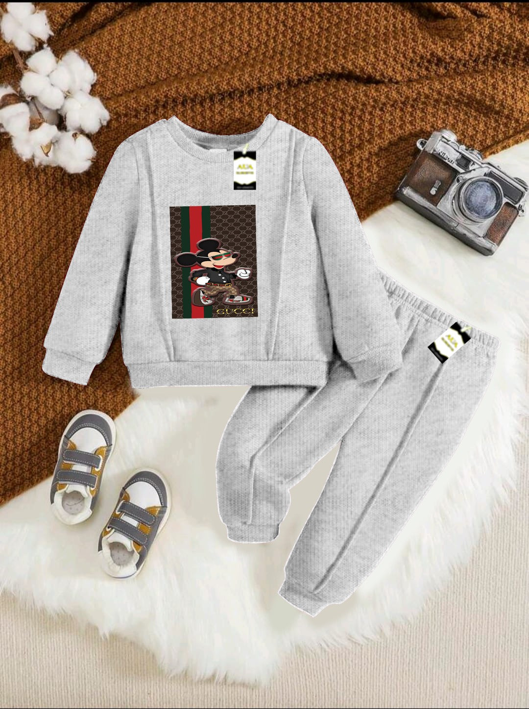 With Mix Print Sweatshirt & Trouser Set | Kids Fleece Winter Outfit For Girls (1-10 Years)Mickey Guc-ci