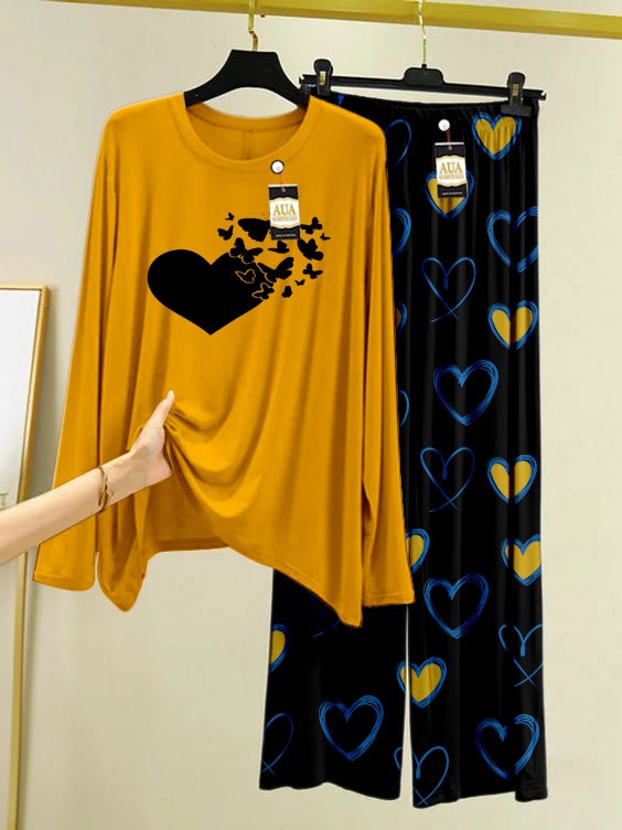Women's Printed Night Suit with cute heart printed Pajamas - Stylish Sleepwear Set for a Cozy Night's Rest (mustard)
