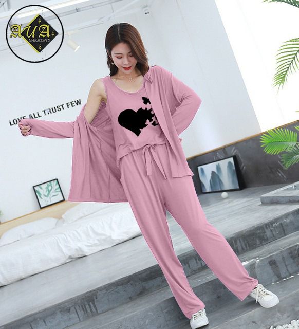 3 Piece Lounge wear Nightwear Sleepwear For Women Heart Butterflies Print