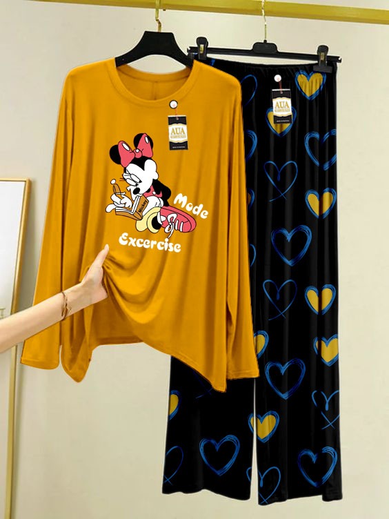 Women's Printed Night Suit with cute heart printed Pajamas - Stylish Sleepwear Set for a Cozy Night's Rest (mustard)