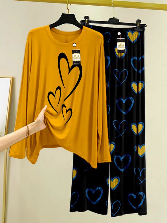 Women's Printed Night Suit with cute heart printed Pajamas - Stylish Sleepwear Set for a Cozy Night's Rest (mustard)