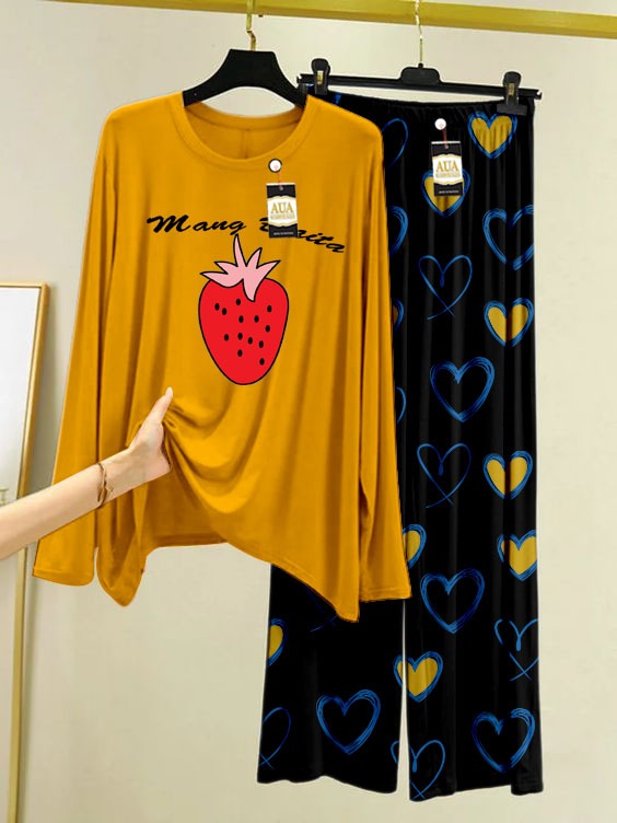 Women's Printed Night Suit with cute heart printed Pajamas - Stylish Sleepwear Set for a Cozy Night's Rest (mustard)